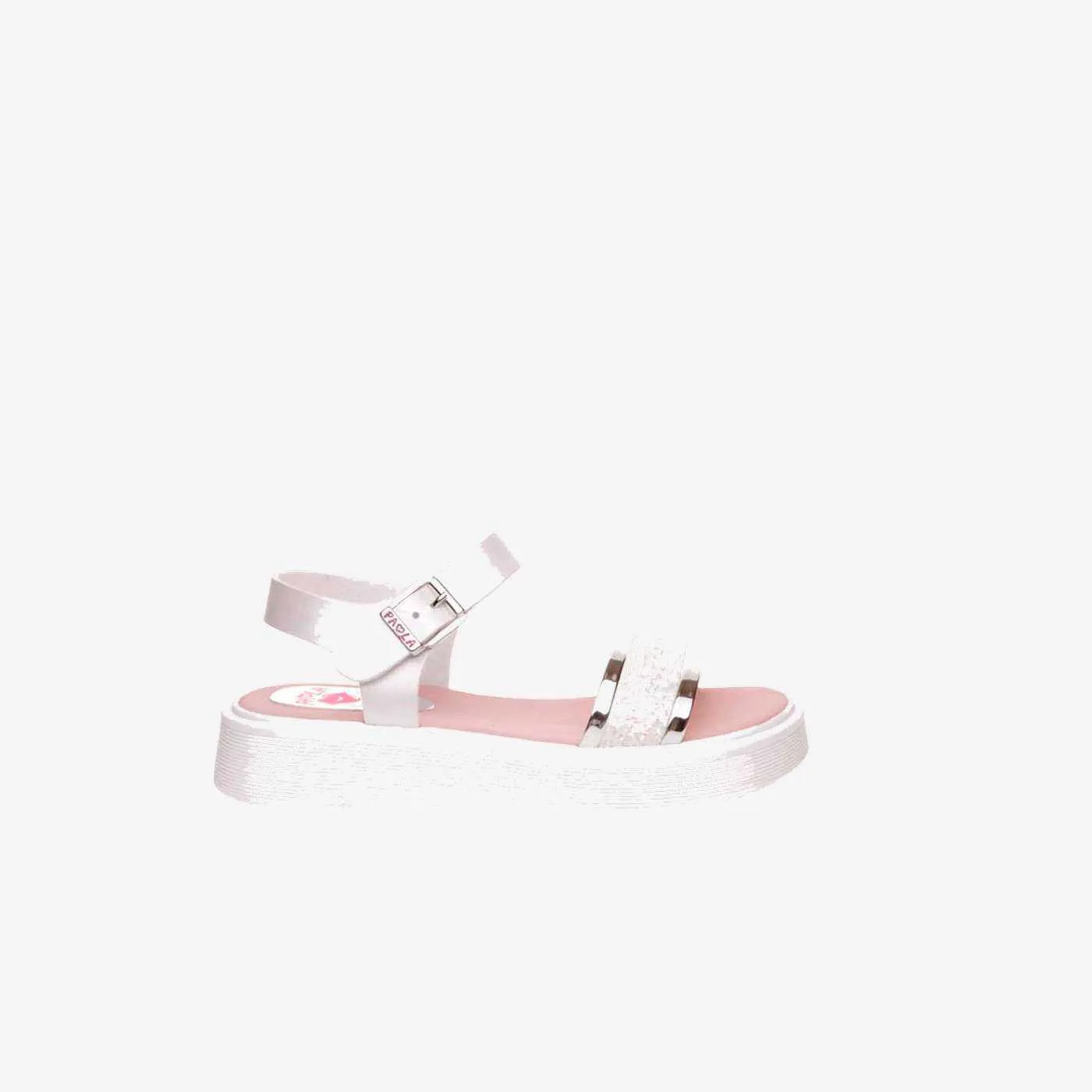 Sandalia de Pablosky de niña en color blanco con tonos en plata con ajuste de hebilla