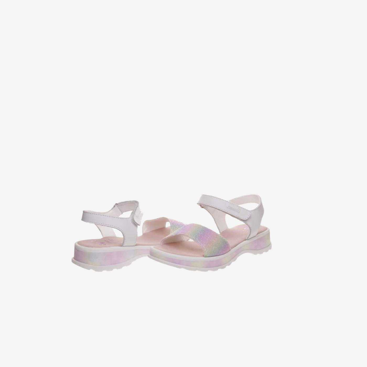 Sandalia de niña en blanco con multicolor con ajuste de velcro de Pablosky.