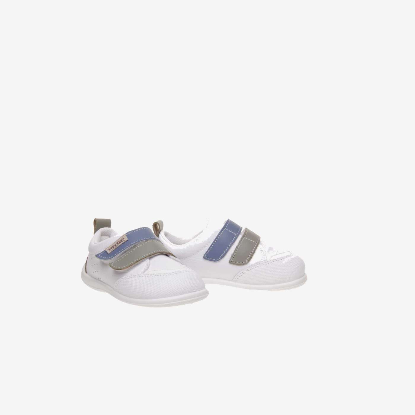 Deportivos respetusos primeros pasos con velcro y puntera reforzada en blanco con tiras en azul y verde.