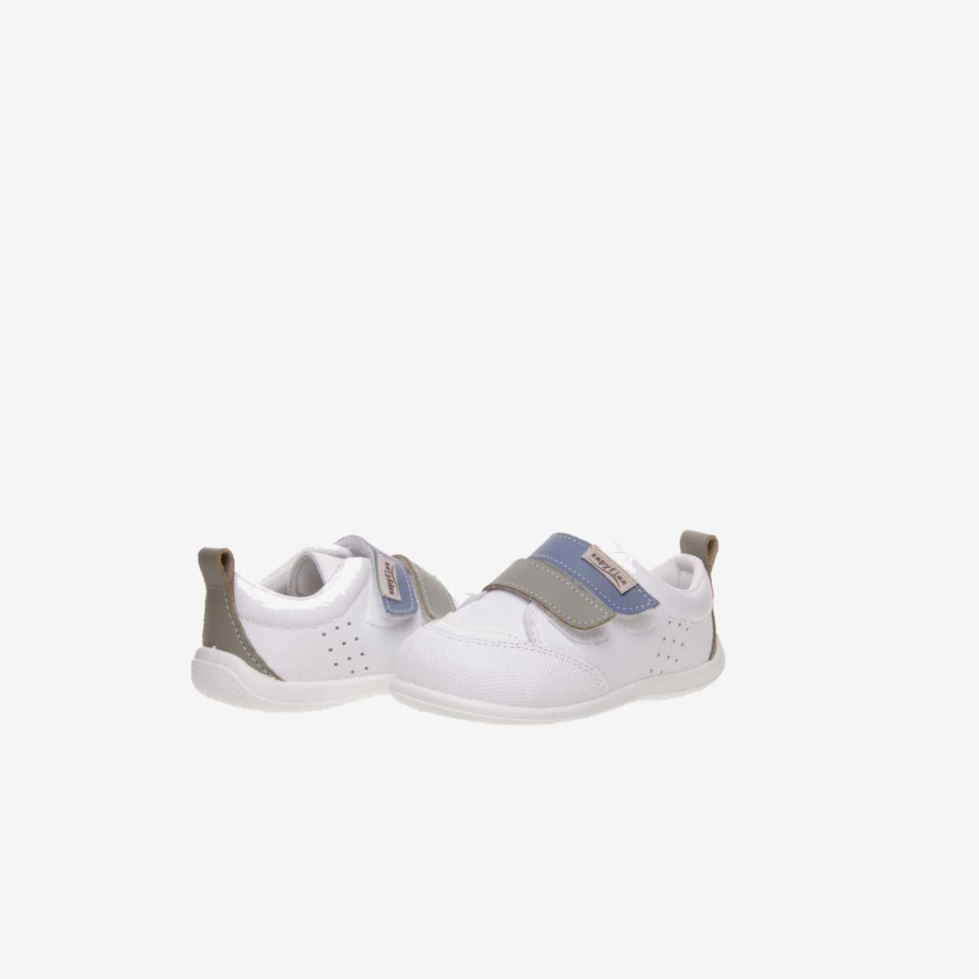 Deportivos respetusos primeros pasos con velcro y puntera reforzada en blanco con tiras en azul y verde.