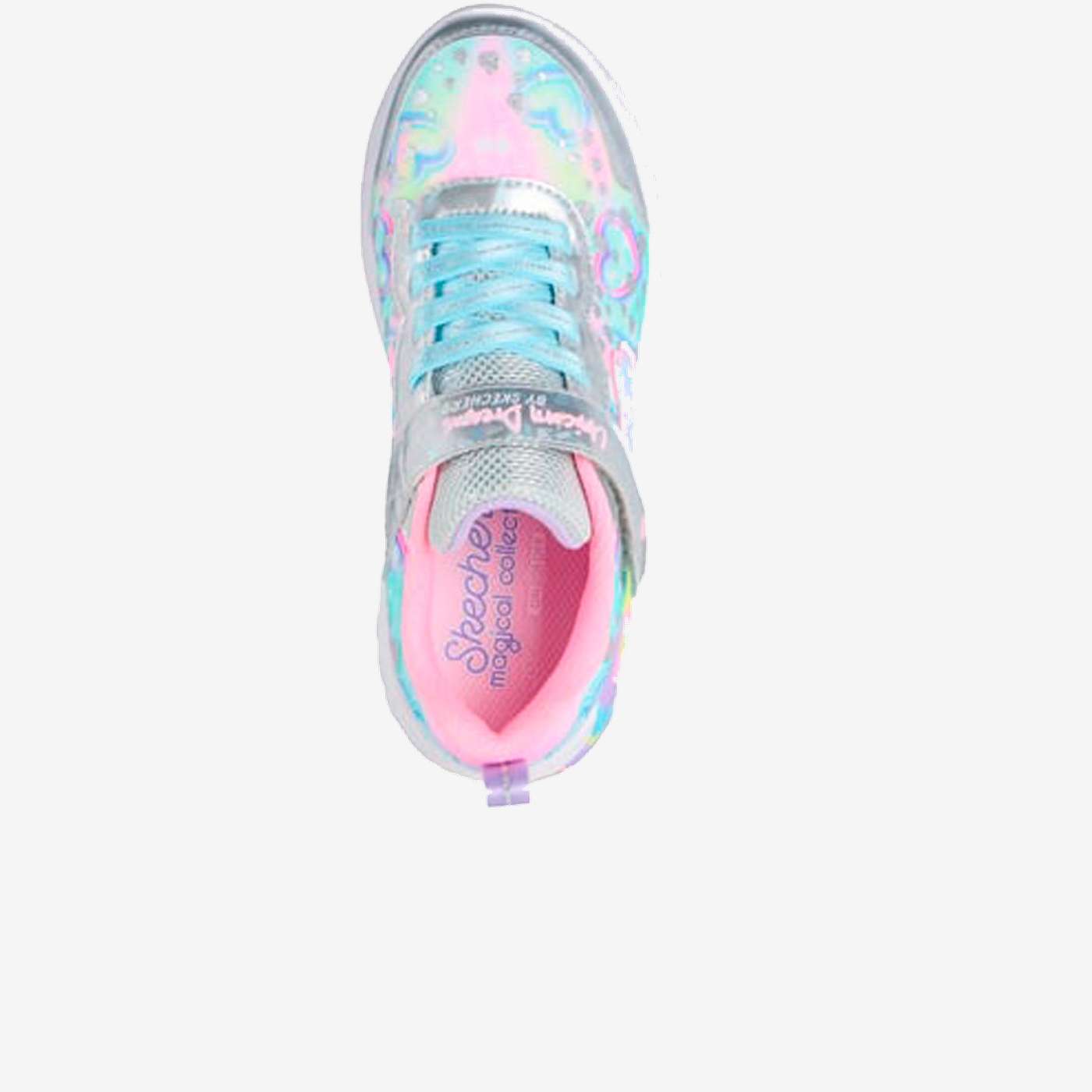 Deportivas unicornio con luz en color celeste y plata de Skechers.