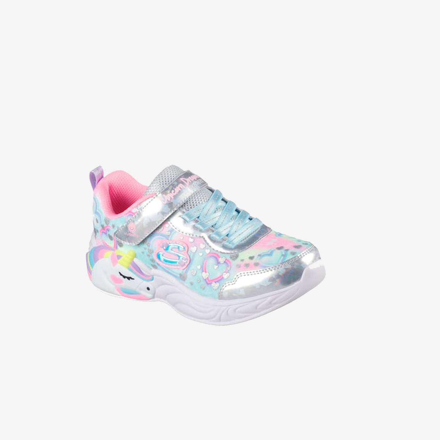 Deportivas unicornio con luz en color celeste y plata de Skechers.