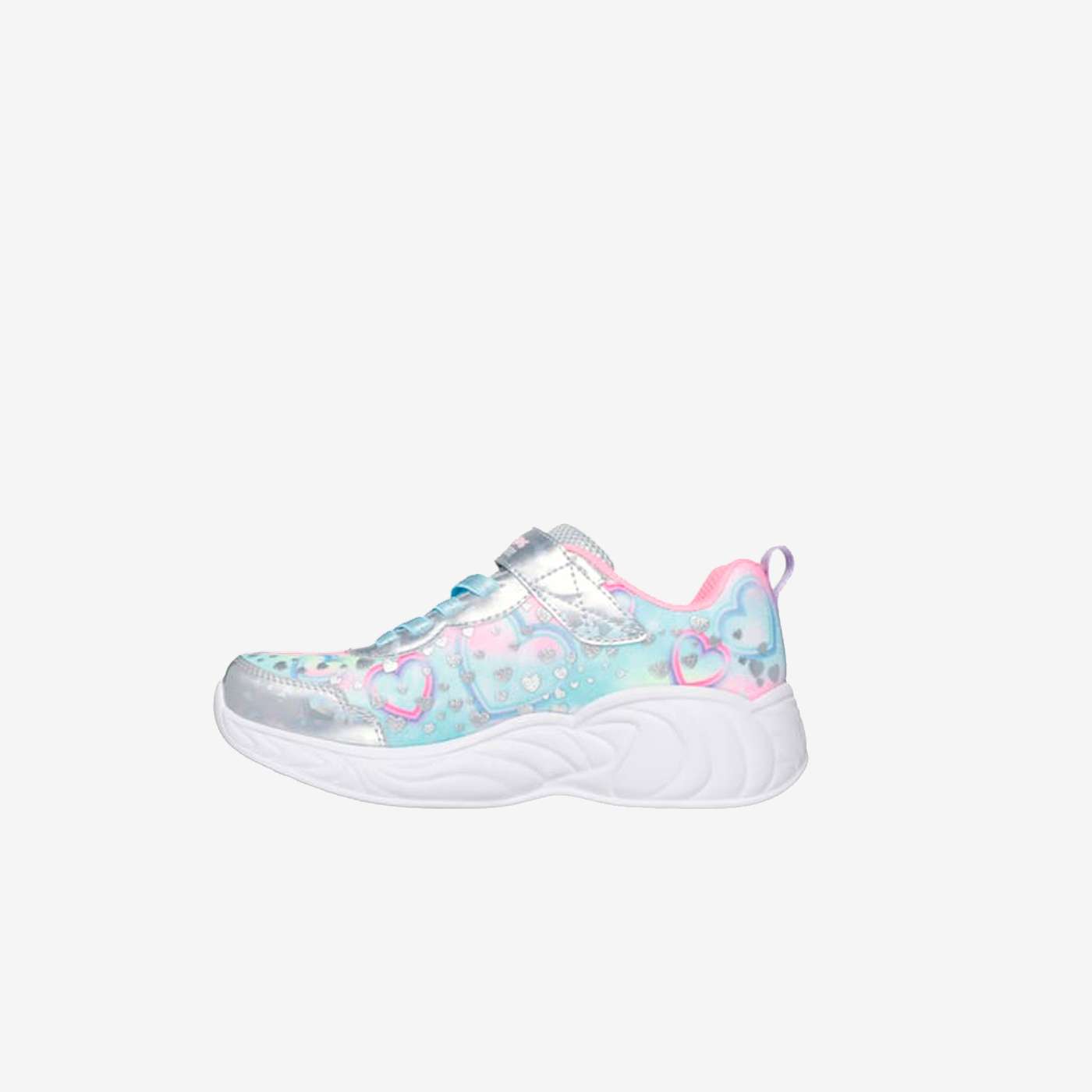 Deportivas unicornio con luz en color celeste y plata de Skechers.