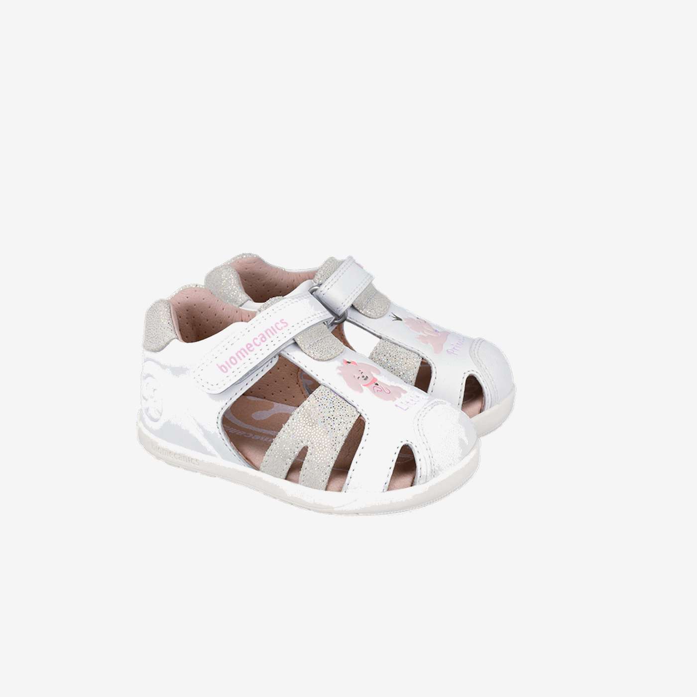 Sandalias Respetuosas Biomecanics de Piel para niñas en color blanco con plata