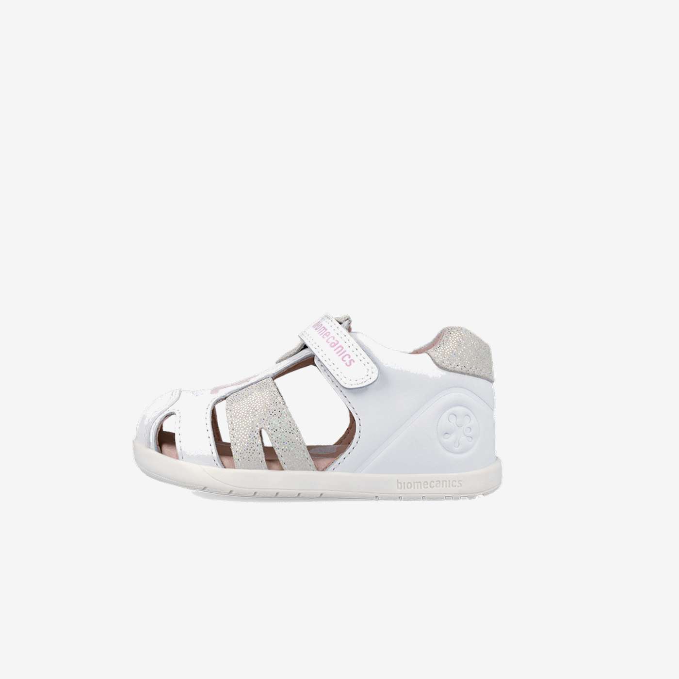 Sandalias Respetuosas Biomecanics de Piel para niñas en color blanco con plata