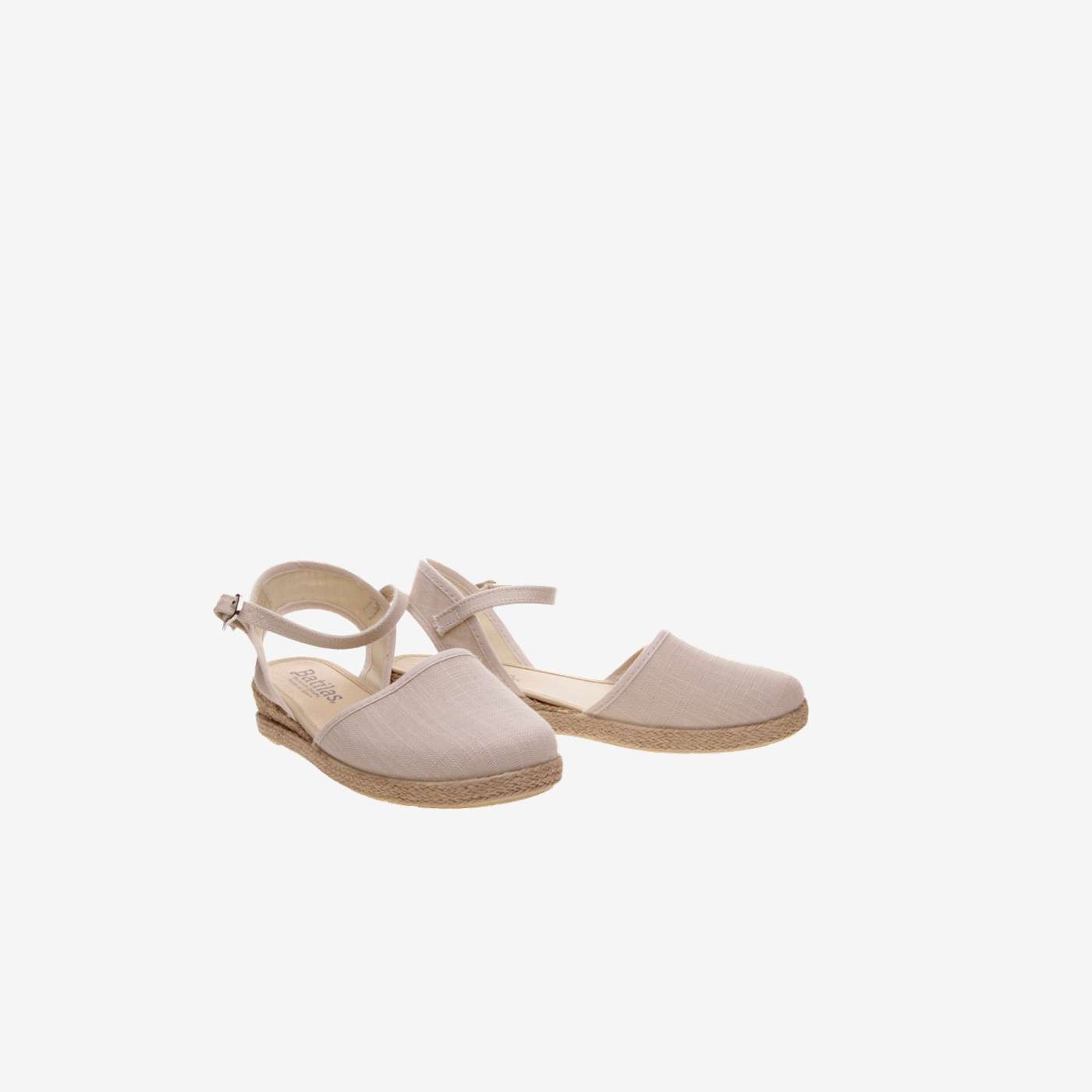 Sandalia esparteña de lona beige con hebilla para niña.