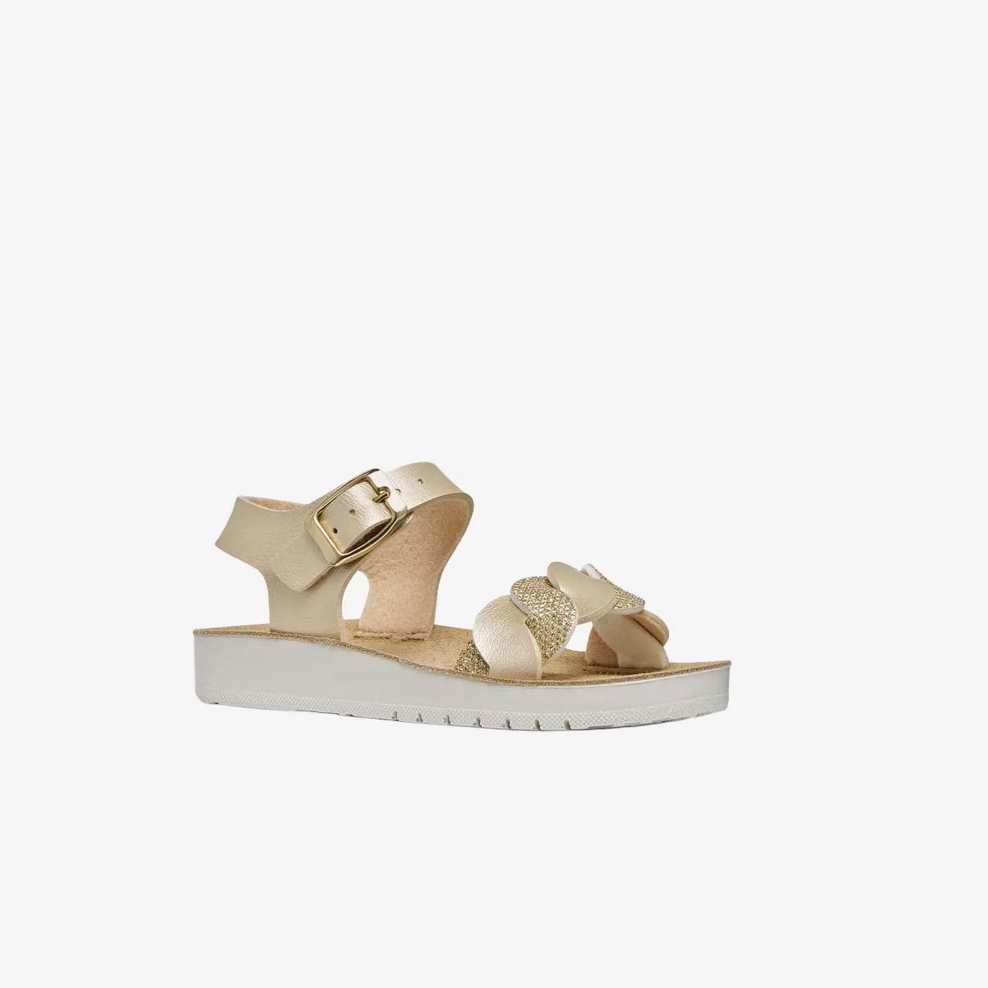 Sandalia Geox de piel para niñas con deseño entrlazado en dorado.