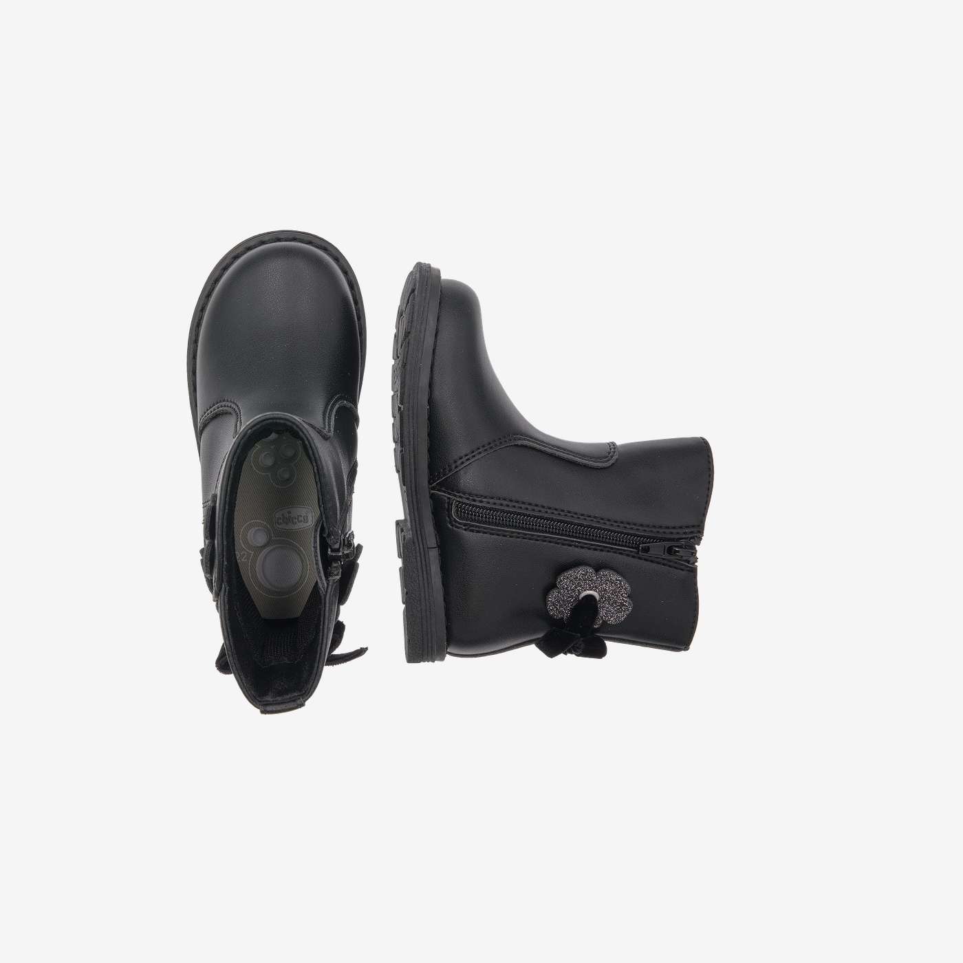 Bota niña cremallera negra detalle flor de la marca Chicco.
