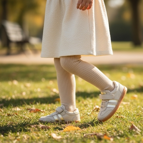 Deportiva niña respetuosa beige con toques dorados.