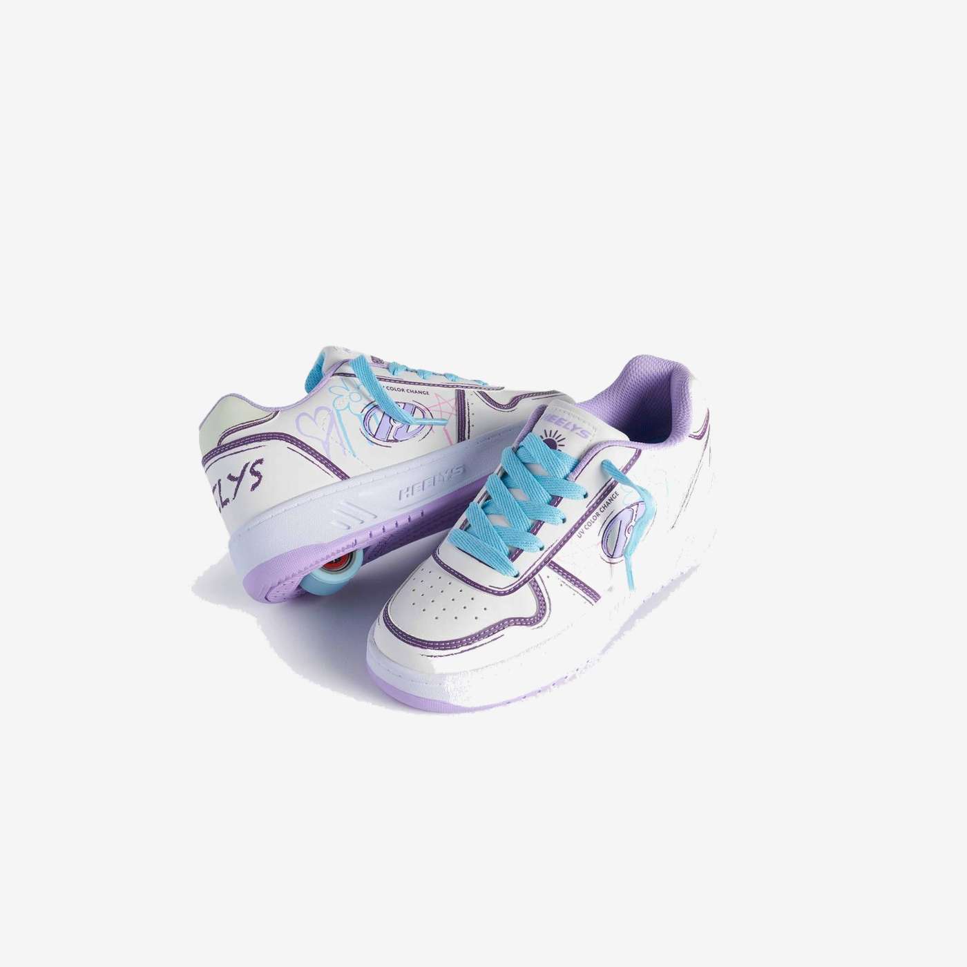 Deportivo niña ruedas cordon combinado en blanco y morados.