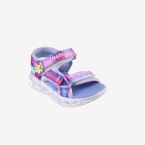 Sandalia para niña de Skechers con luces en tonos azules y rosa.