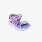 Sandalia para niña de Skechers con luces en tonos azules y rosa.