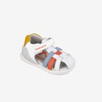 Sandalia blanco con un toque azul y rojo con velcro de la marca Biomecanics