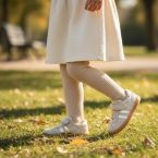 Deportiva niña respetuosa beige con toques dorados.