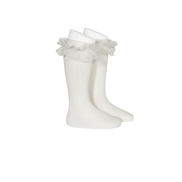 Calcetines Altos Beige con Tul para Niña | Elegancia y suavidad