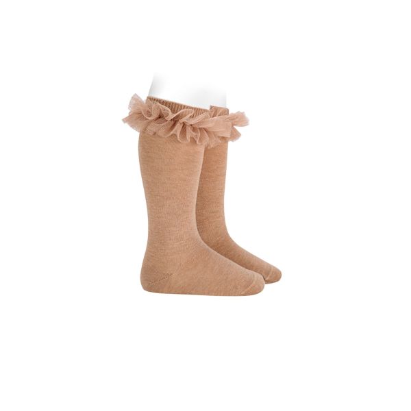 Calcetines Altos Camel con Tul para Niña | Tono cálido y delicado