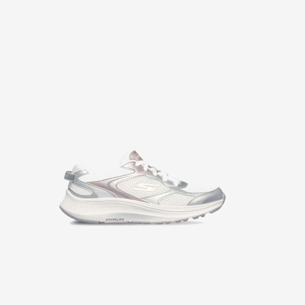 Deportivos de niña Skechers blanco y plata moda con cordones.