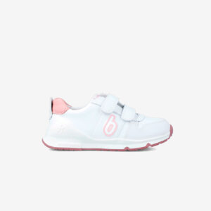 Deportiva escolar de color blanca y rosa con puntera reforzada y doble velcro. Cómoda, resistente y lista para todo el trote del cole.