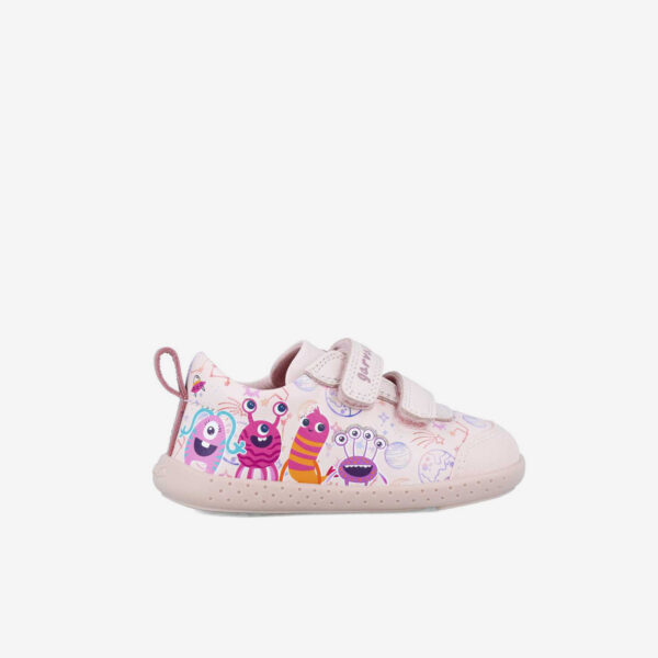 Bota respetuosa de niña Garvalin con velcro y puntera reforzada en rosa.