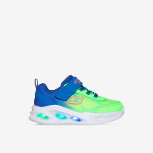 Zapatillas con luces LED para niño de Skechers, en azul y verde lima. Transpirables, ligeras y con cierre fácil. Para correr, jugar y brillar sin parar.
