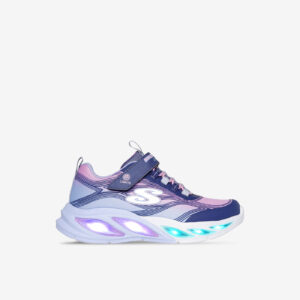 Zapatillas Skechers con luces LED, velcro y tonos azul-púrpura. Ligeras, cómodas y fáciles de limpiar. Para niñas que no paran ni un segundo.
