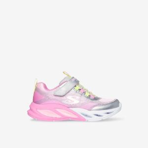 Zapatillas rosa y plateado con luces de Skechers al andar. Ligeras, cómodas y con cierre fácil. El toque de fantasía que encanta y resiste el día a día