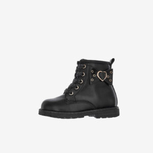 Bota negra Chicco tipo Martens, cordones decorativos, cremallera lateral y detalle de lazo con corazón. Ligera, resistente y con mucho estilo.