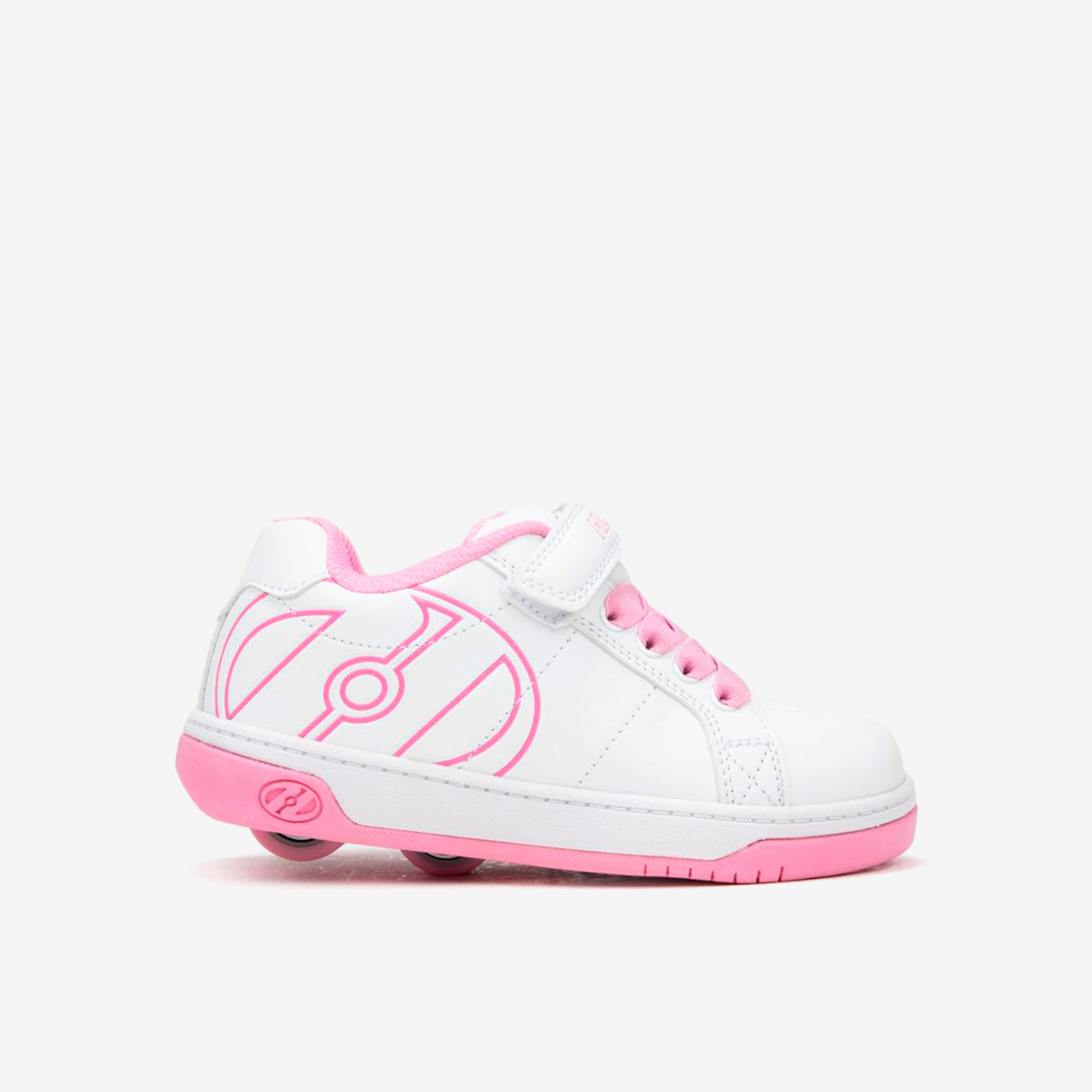 Heelys blancas y rosas con ruedas desmontables y cierre de velcro. Comodidad, confianza y diversión para cada paso de tu pequeña.