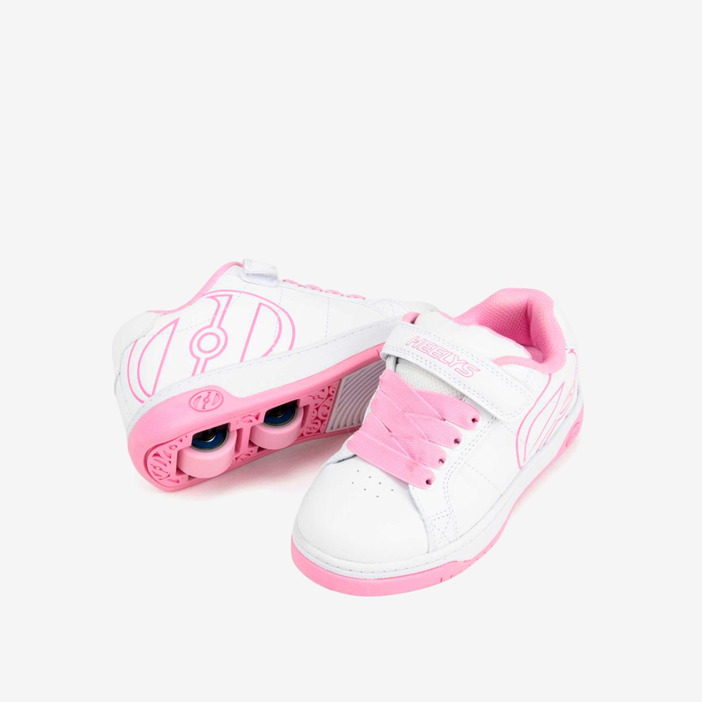 Heelys blancas y rosas con ruedas desmontables y cierre de velcro. Comodidad, confianza y diversión para cada paso de tu pequeña.
