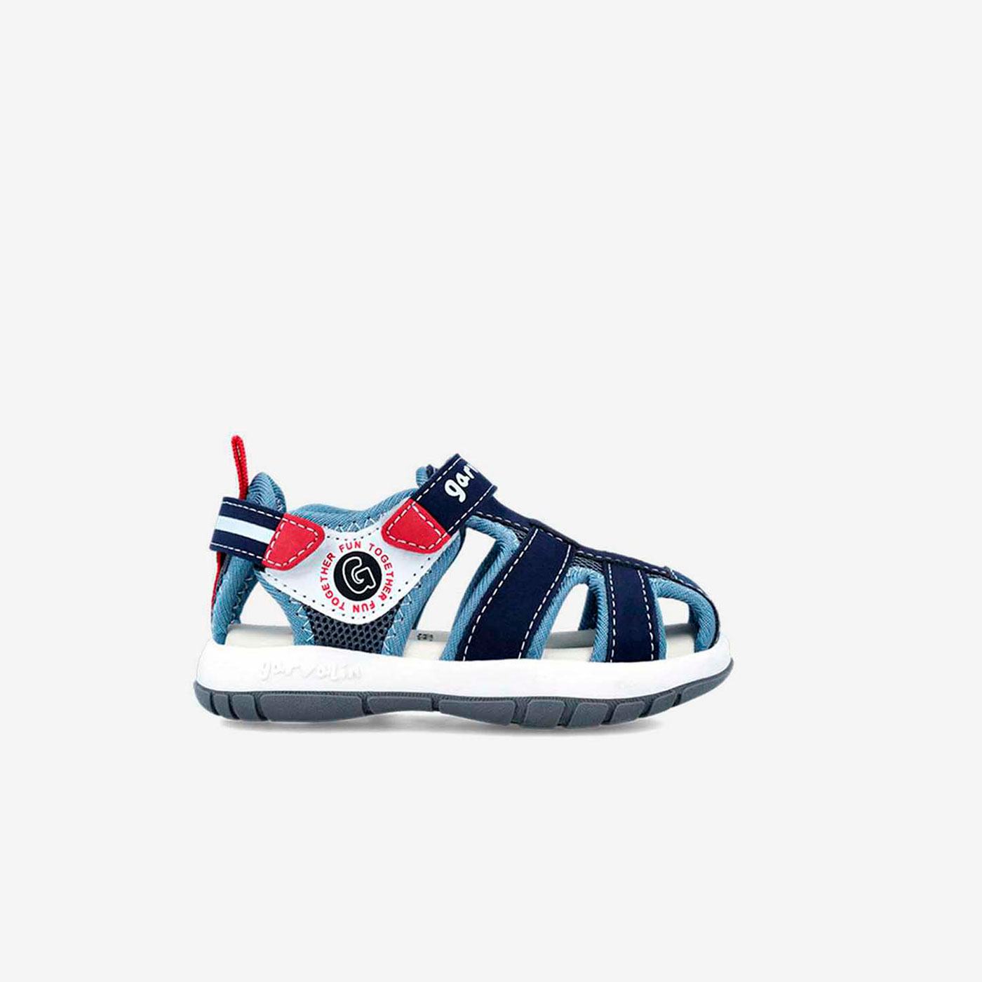 Sandalia de niño de Garvalin con velcro y puntera reforzada en azul y celeste.