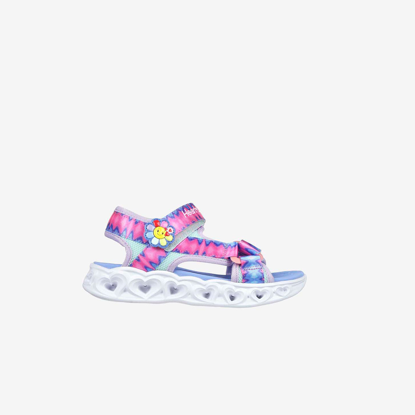 Sandalia para niña de Skechers con luces en tonos azules y rosa.