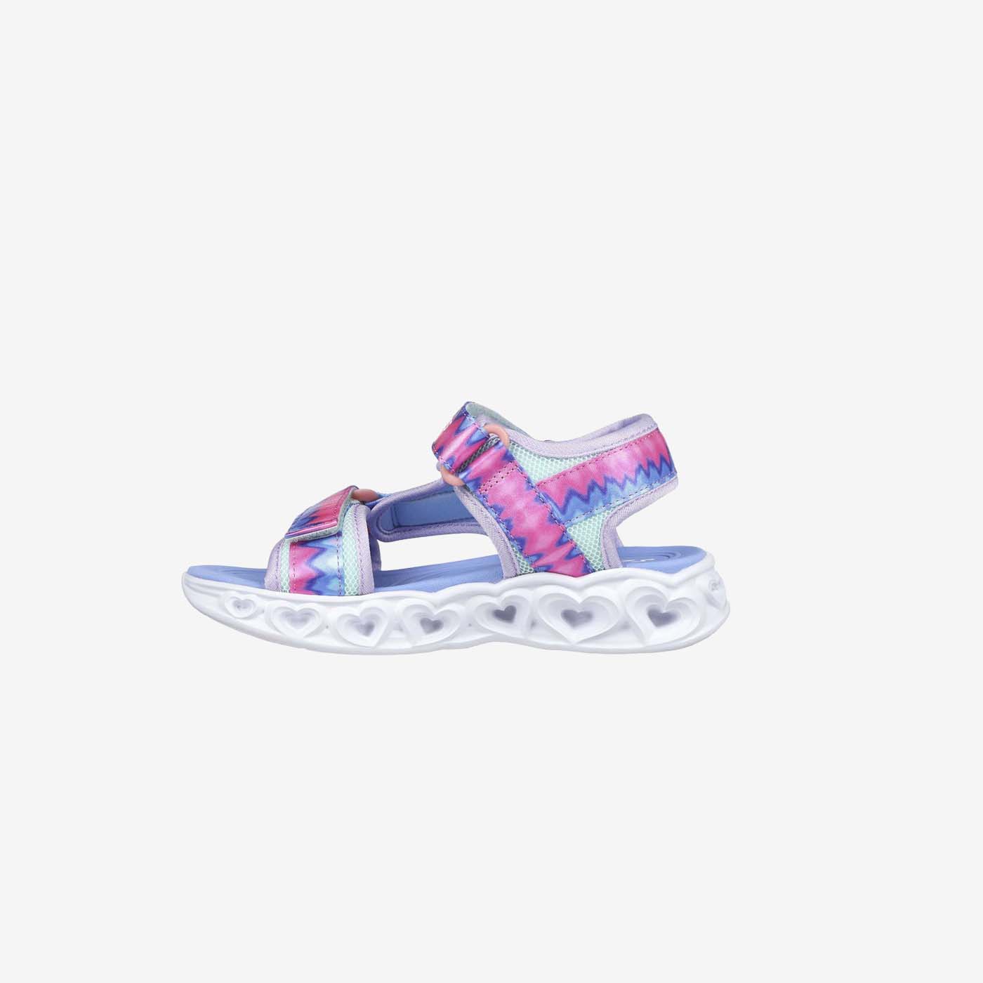 Sandalia para niña de Skechers con luces en tonos azules y rosa.