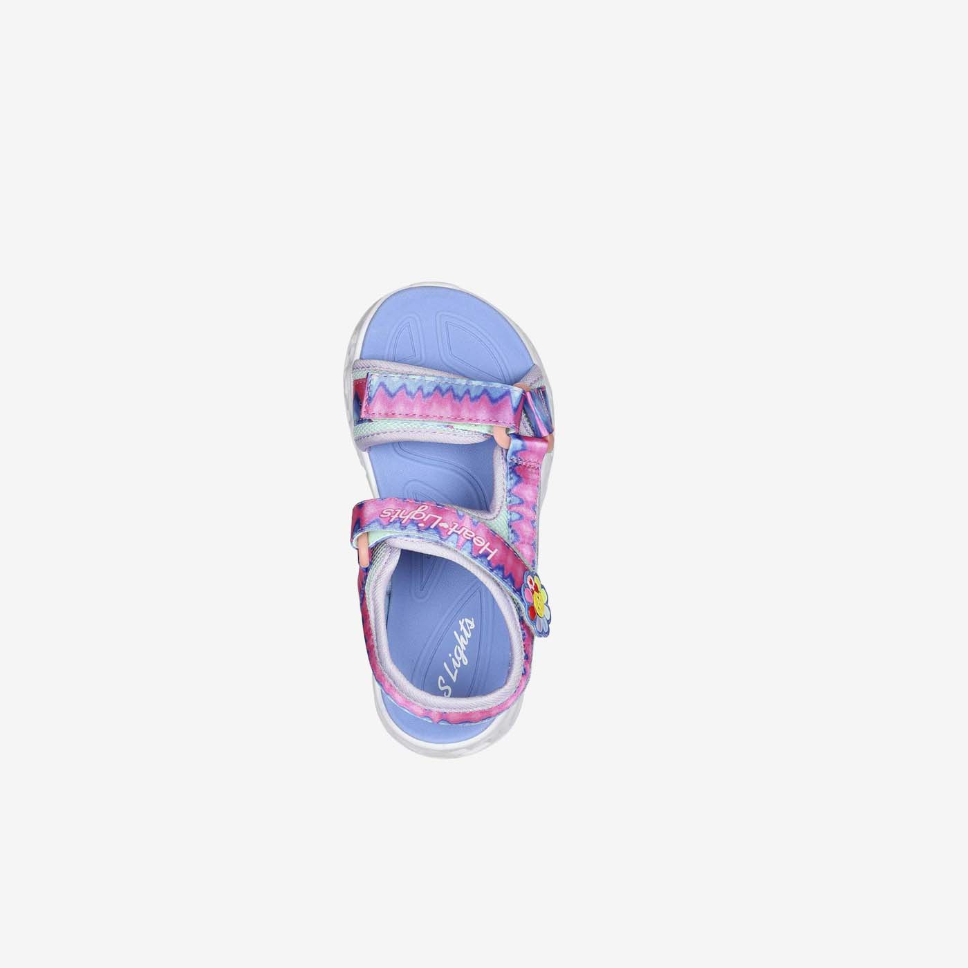 Sandalia para niña de Skechers con luces en tonos azules y rosa.