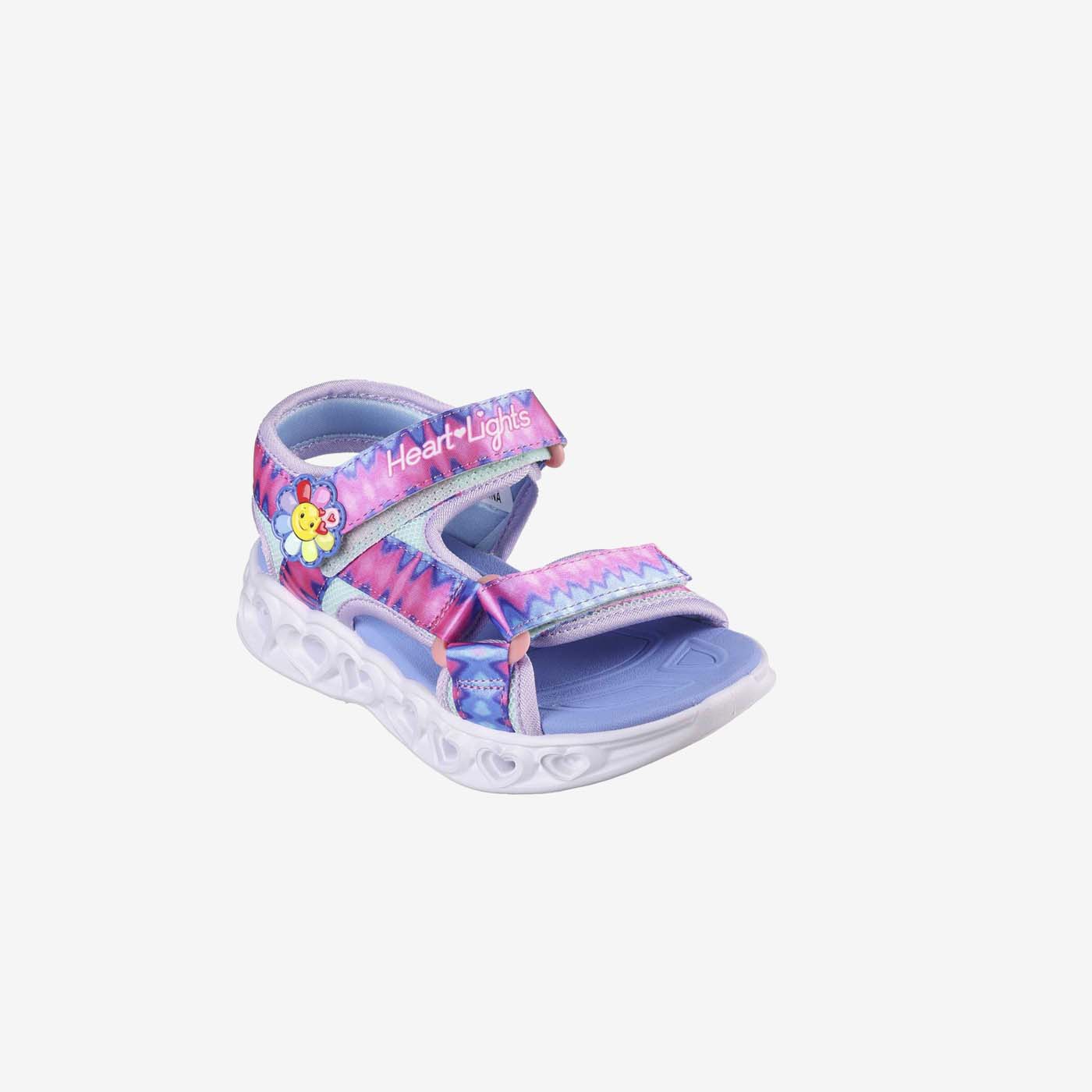 Sandalia para niña de Skechers con luces en tonos azules y rosa.