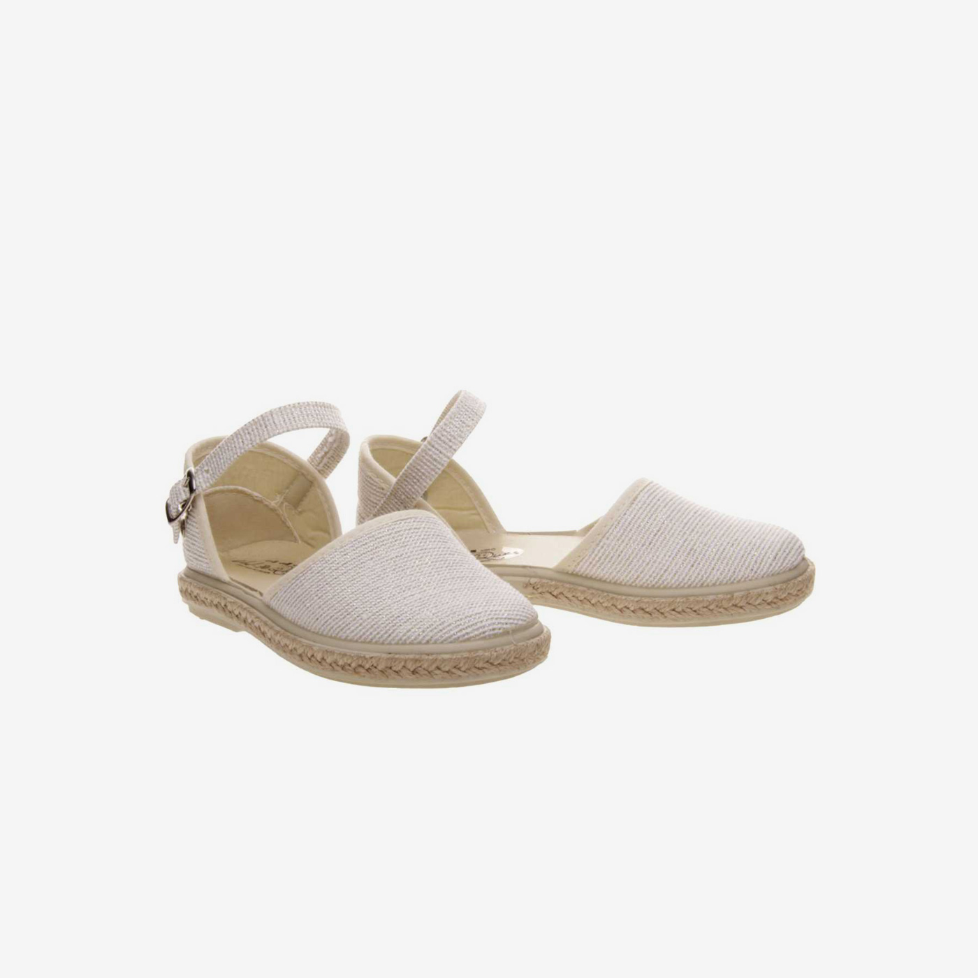 Sandalia de lona de niña en beige con hebilla.