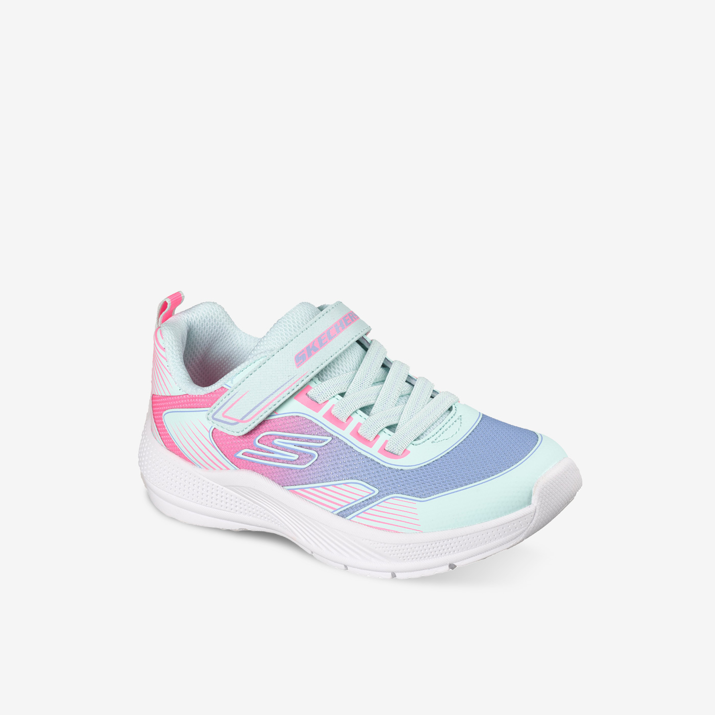 Skechers niña – Zapatillas deportiva en color turquesa con tonos rosas con cierre de velcro.