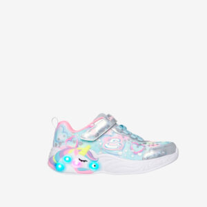 Deportivas unicornio con luz en color celeste y plata de Skechers.