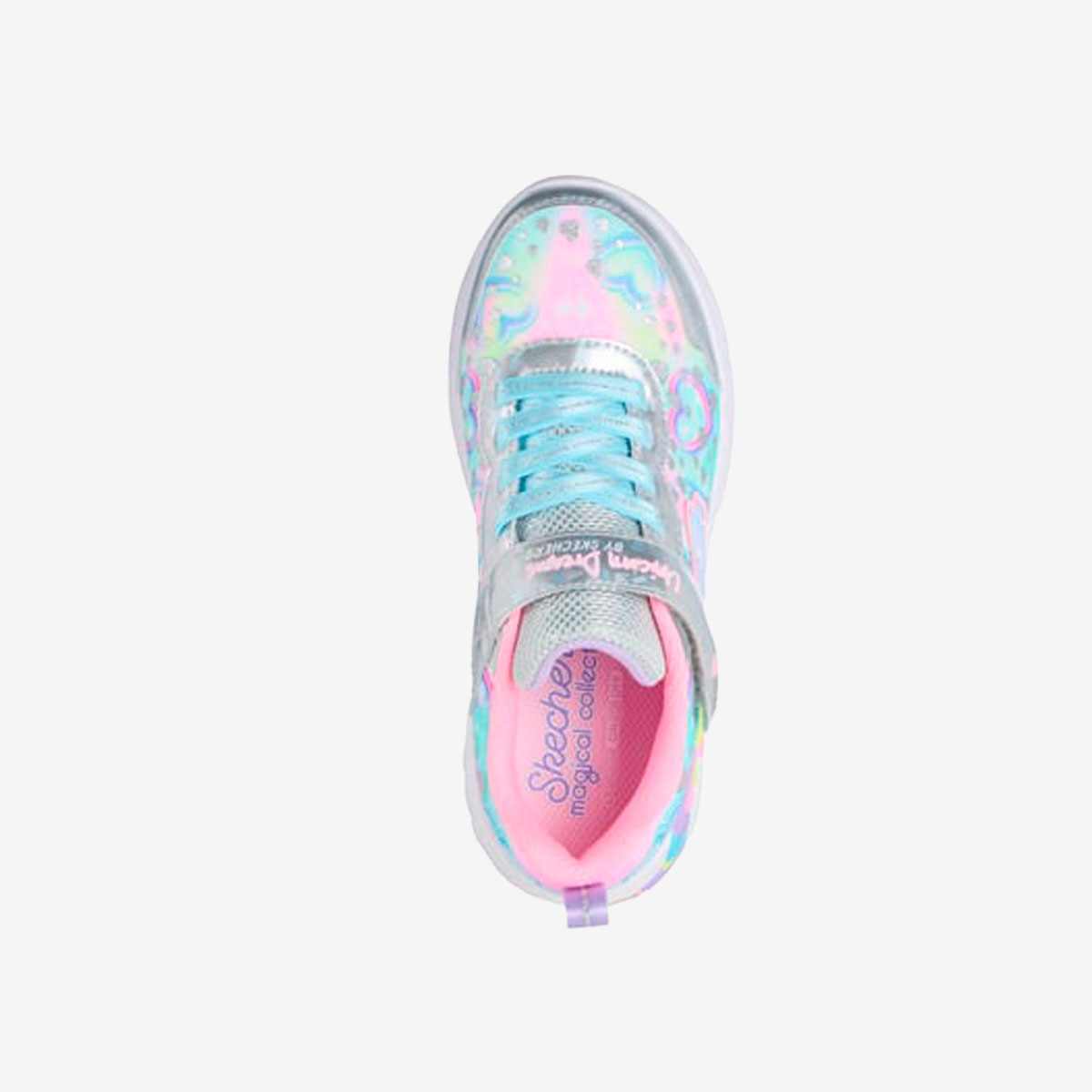Deportivas unicornio con luz en color celeste y plata de Skechers.