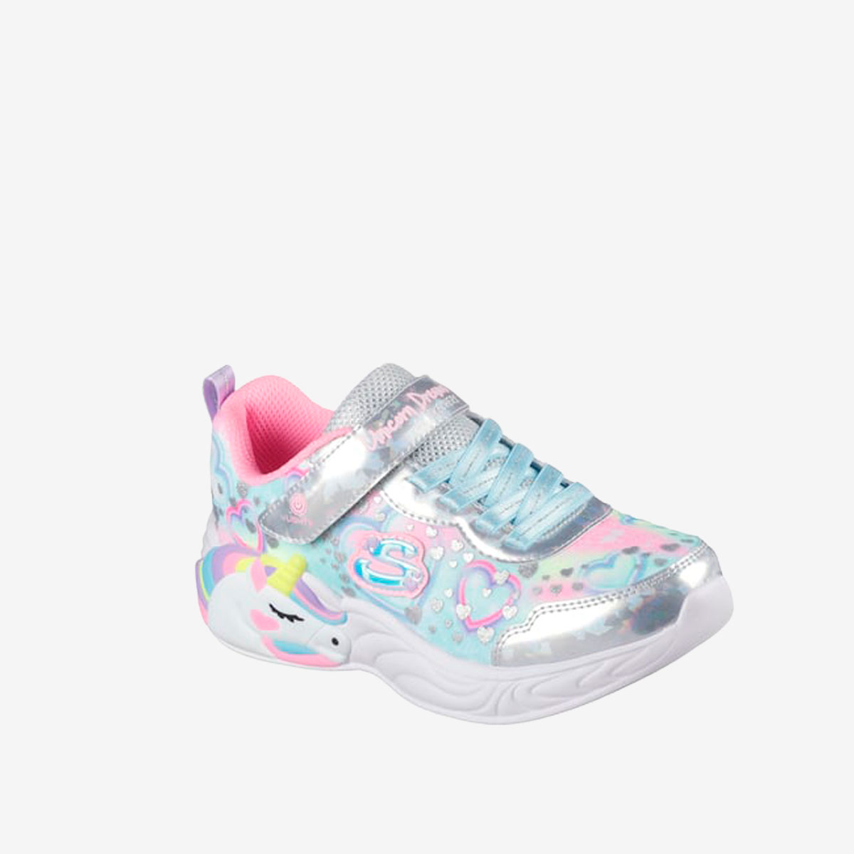 Deportivas unicornio con luz en color celeste y plata de Skechers.