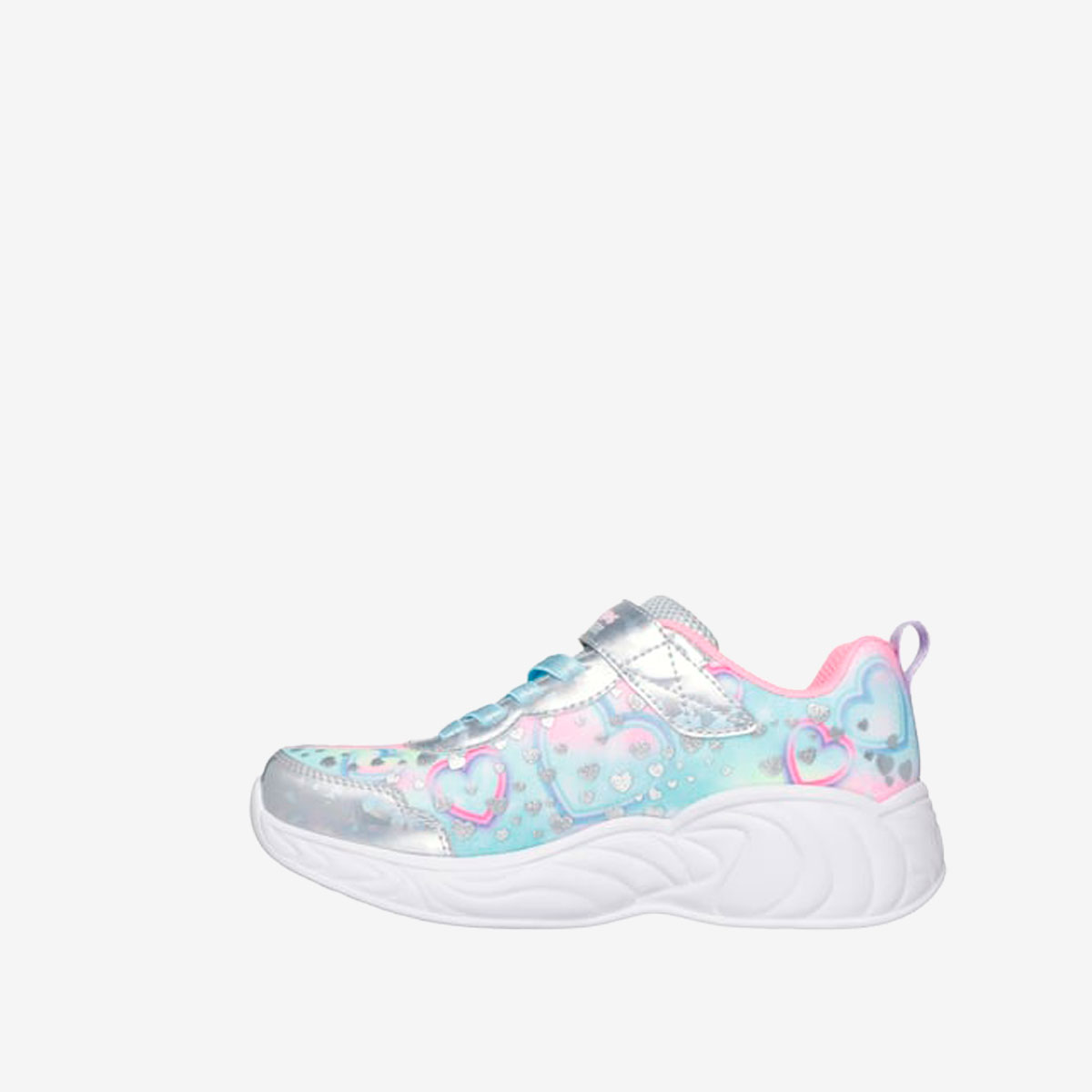 Deportivas unicornio con luz en color celeste y plata de Skechers.