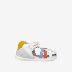 Sandalia blanco con un toque azul y rojo con velcro de la marca Biomecanics