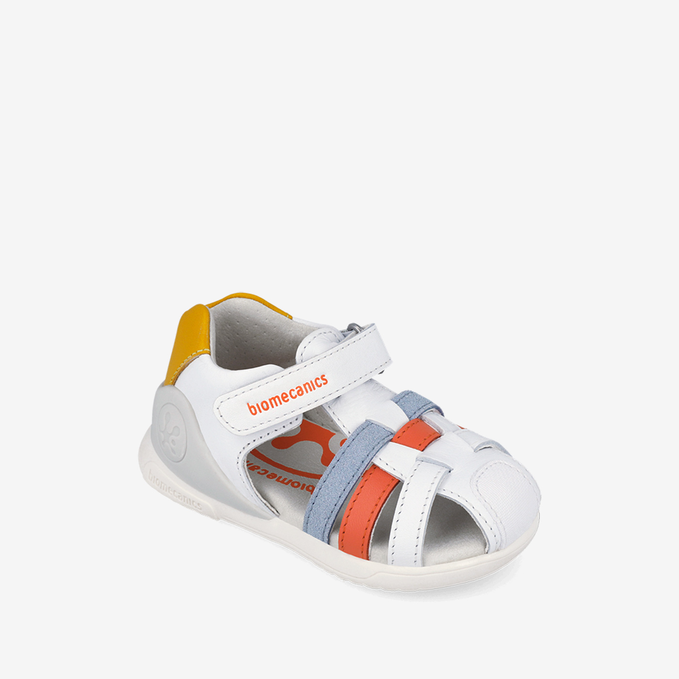 Sandalia blanco con un toque azul y rojo con velcro de la marca Biomecanics