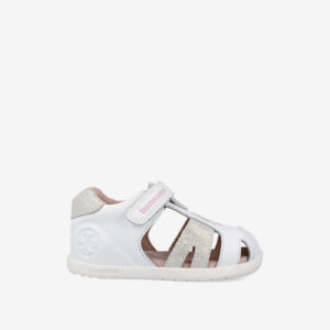 Sandalias Respetuosas Biomecanics de Piel para niñas en color blanco con plata