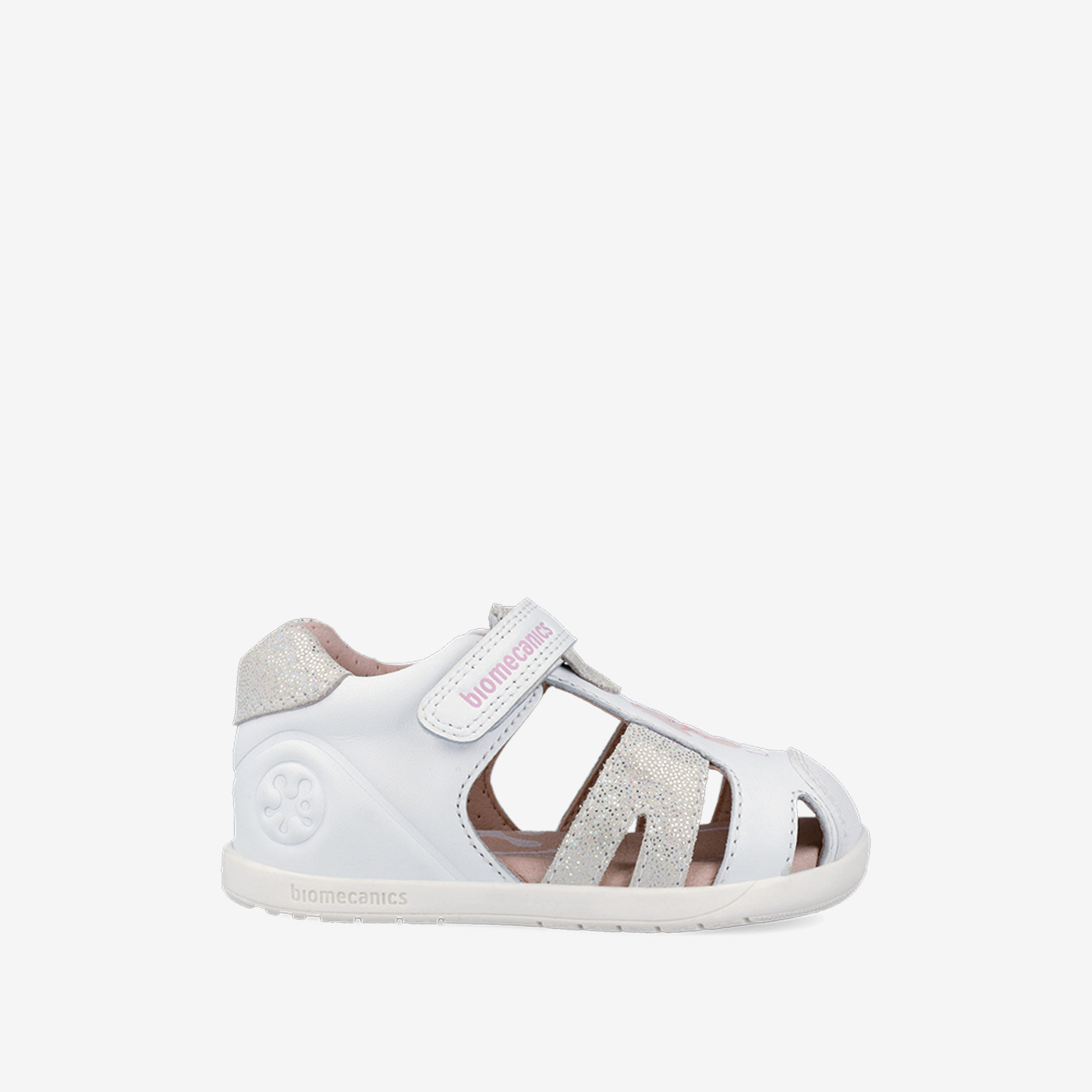 Sandalias Respetuosas Biomecanics de Piel para niñas en color blanco con plata