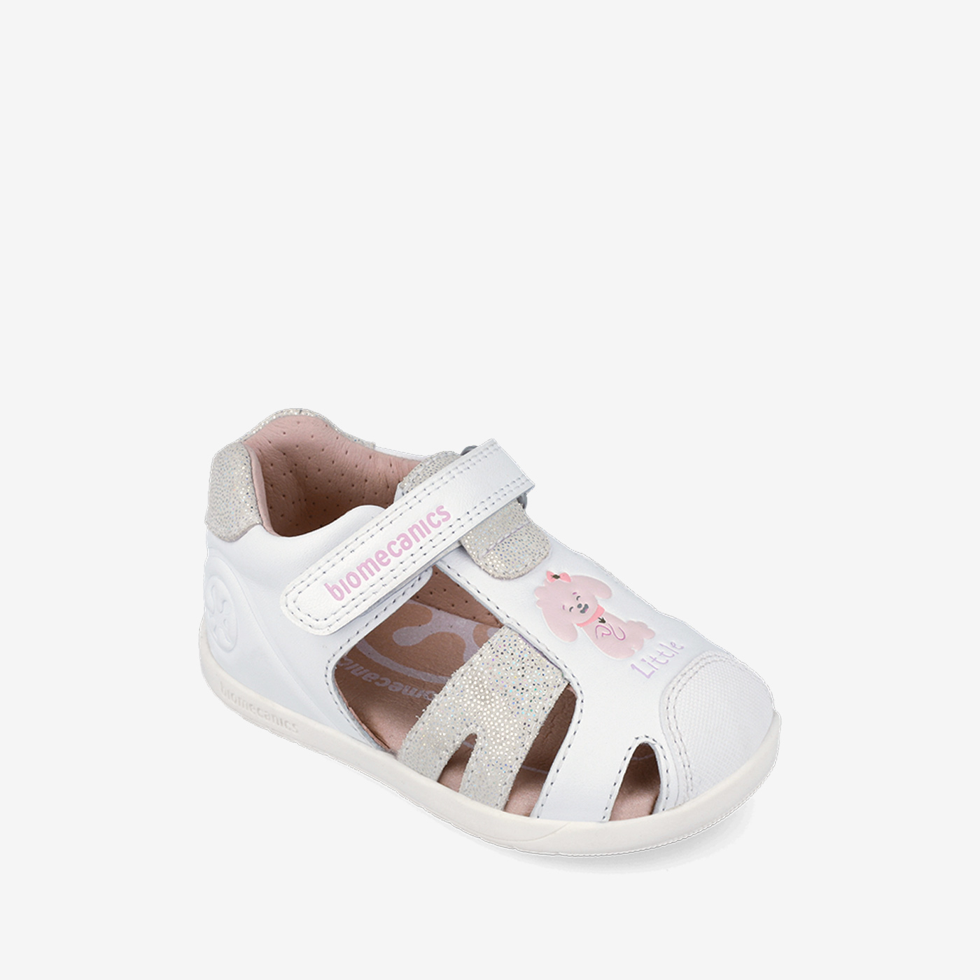 Sandalias Respetuosas Biomecanics de Piel para niñas en color blanco con plata