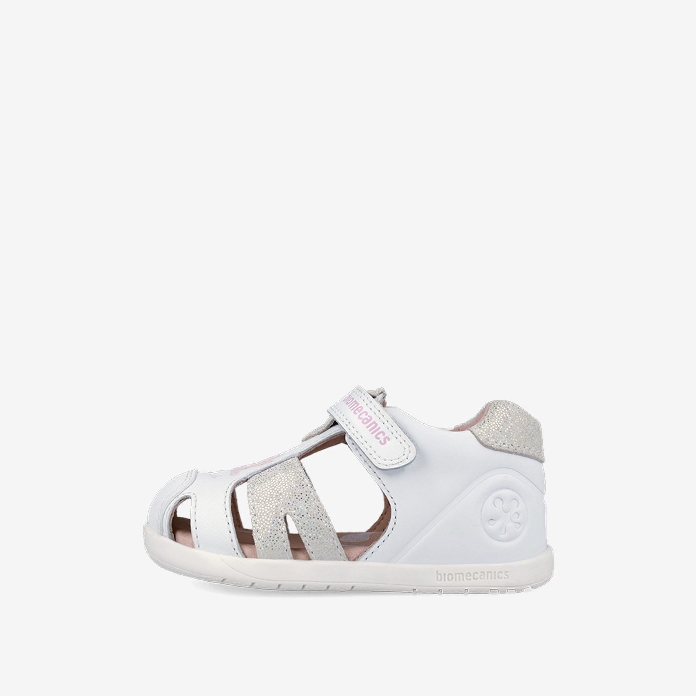 Sandalias Respetuosas Biomecanics de Piel para niñas en color blanco con plata