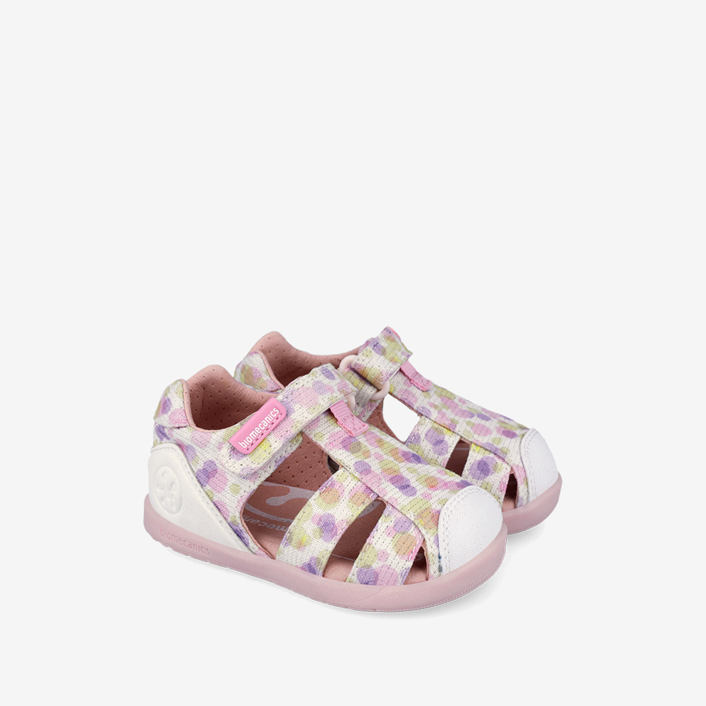 Sandalia preandante respetuosa de niña con puntera reforzada en color rosa-multicolor de la marca Biomecanics