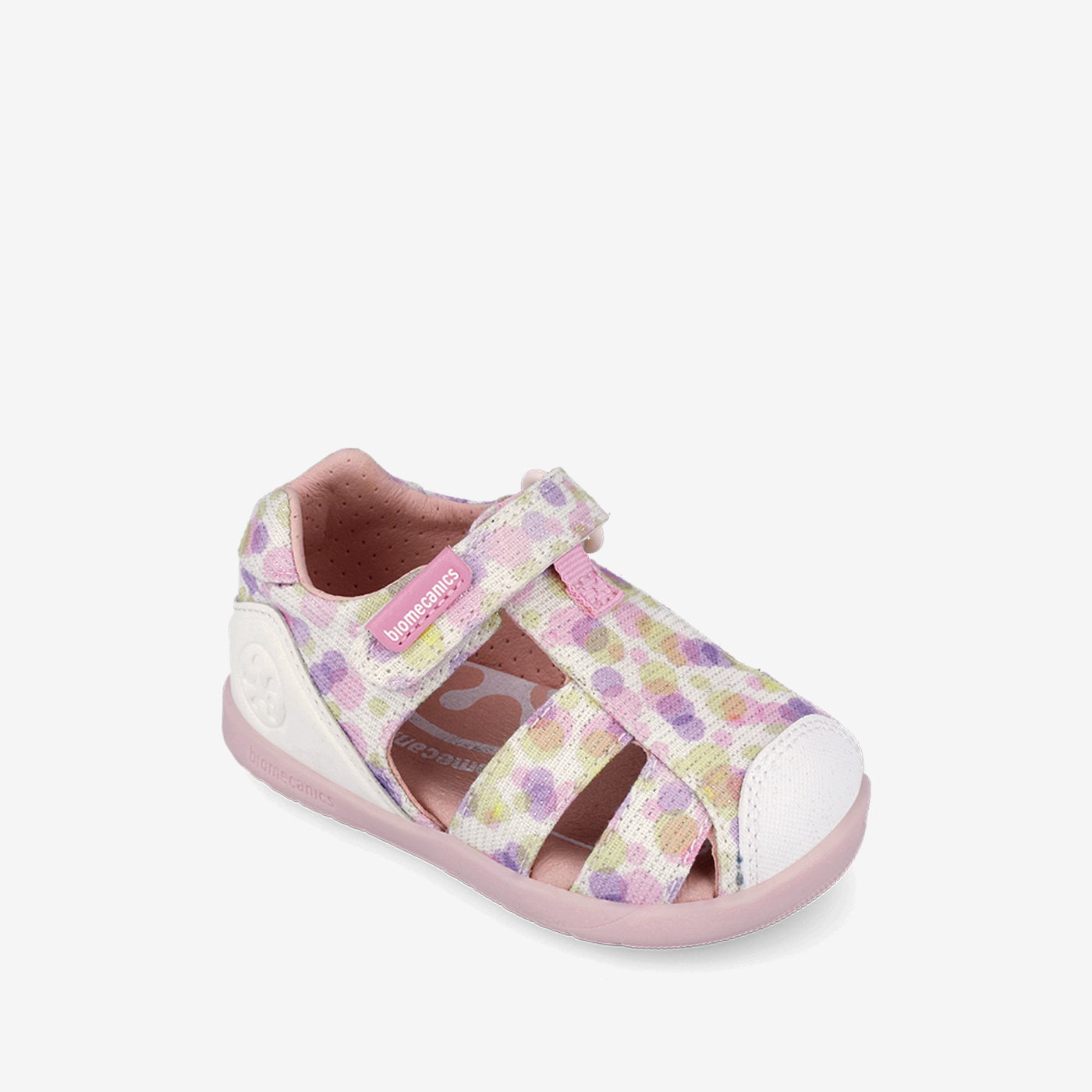 Sandalia preandante respetuosa de niña con puntera reforzada en color rosa-multicolor de la marca Biomecanics