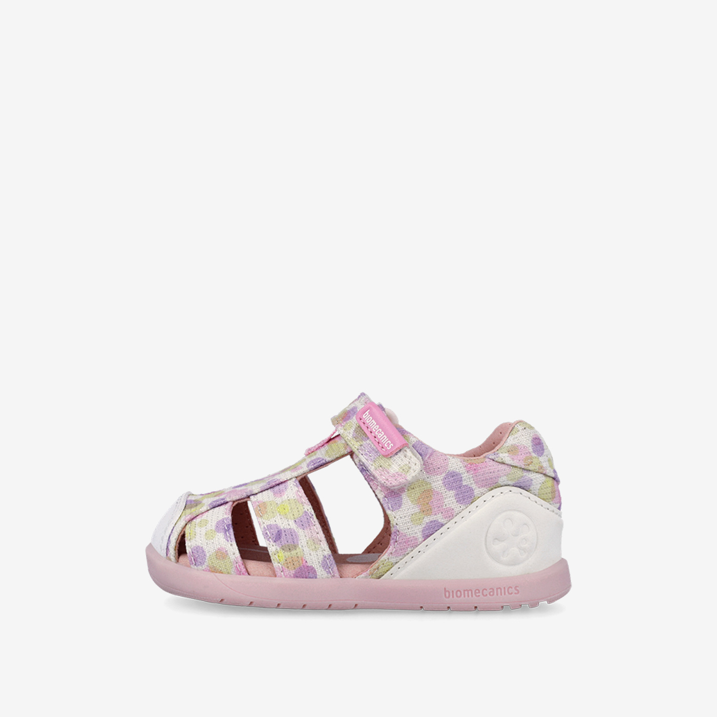 Sandalia preandante respetuosa de niña con puntera reforzada en color rosa-multicolor de la marca Biomecanics
