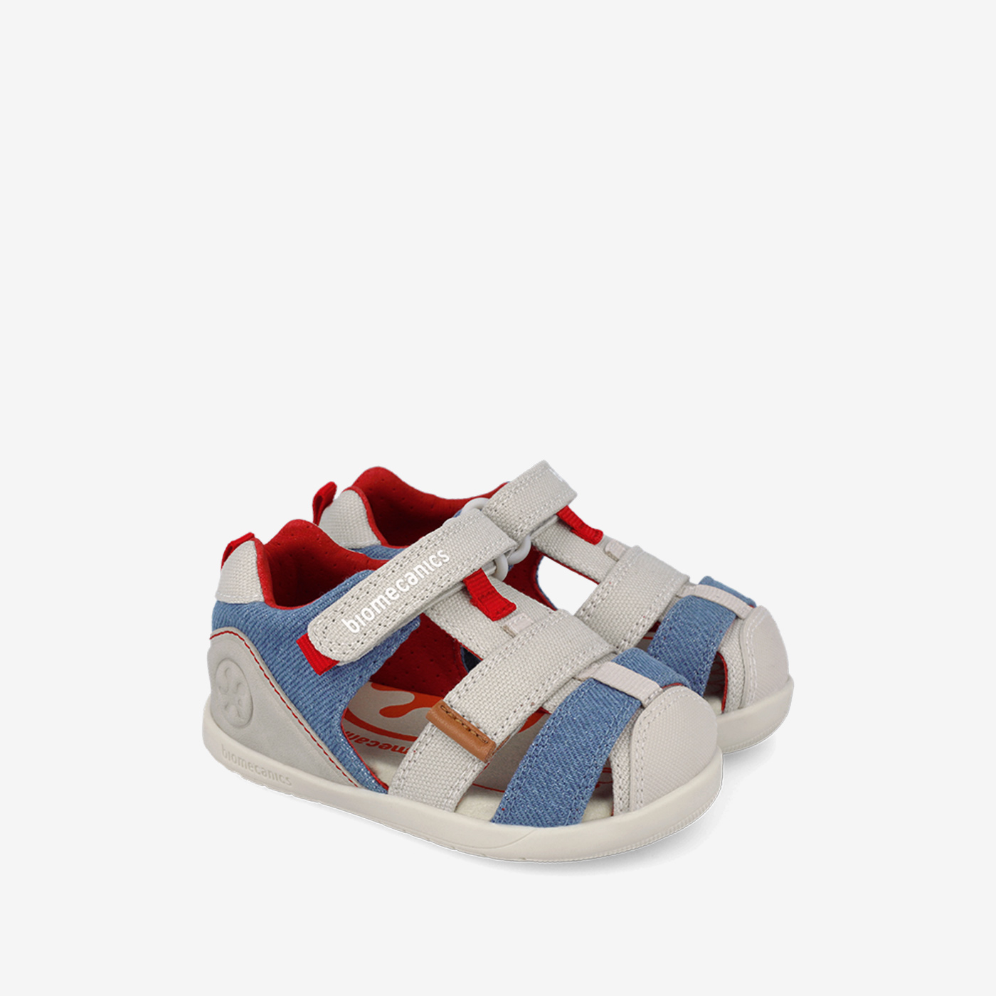 Sandalias respetuosa en color beige con azul, puntera reforzada.